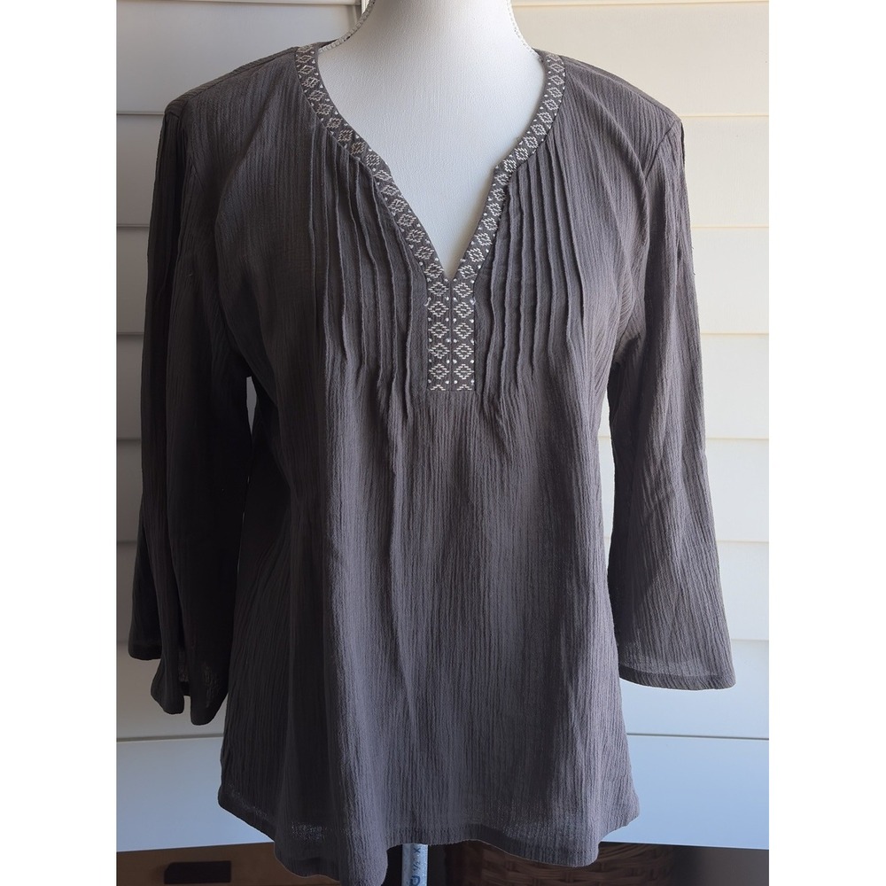 Garnet Hill M 8 Organic Cotton Tunic Top Brown Embroidered Boho Peasant Gauze